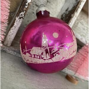 Vintage Pink Shiny Brite Glass Ornament Stencil Winter Church Valentine Jumbo